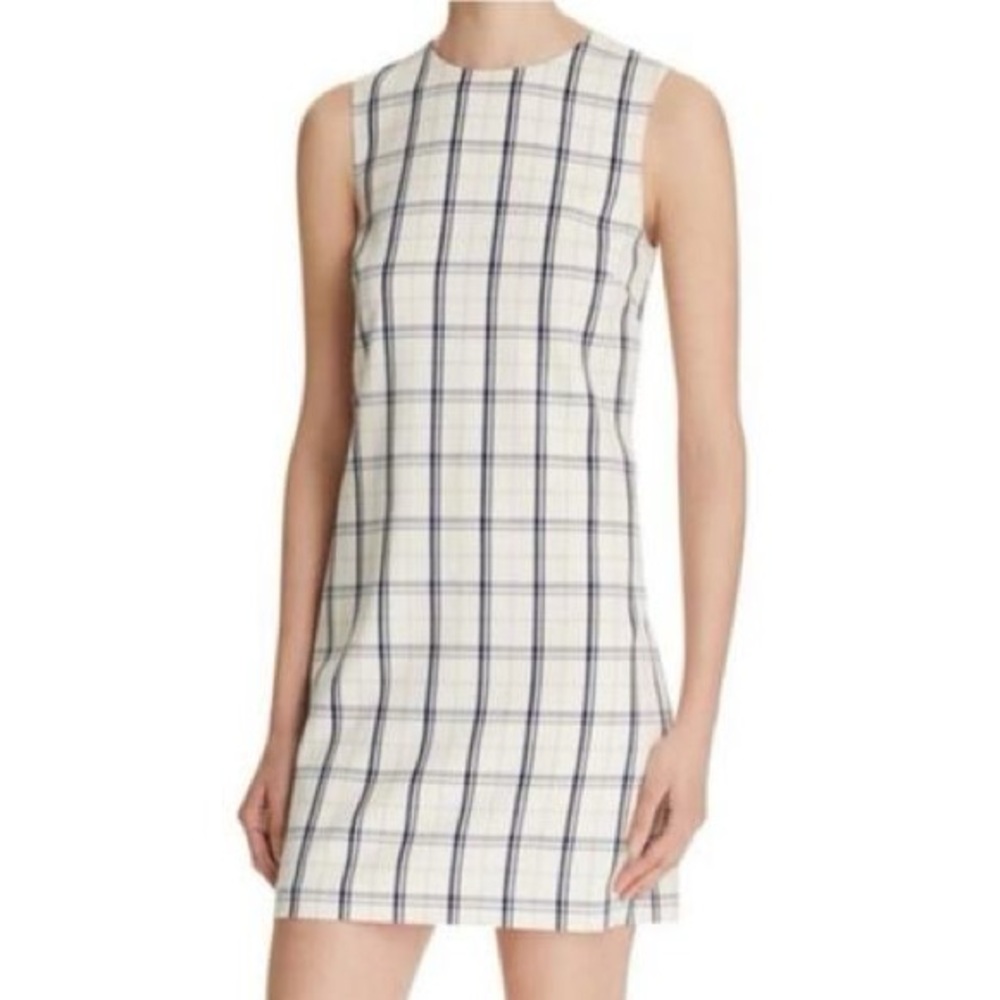 Theory Adraya Sleeveless Wool Shift Mini Dress in Mix Check Cream and Navy